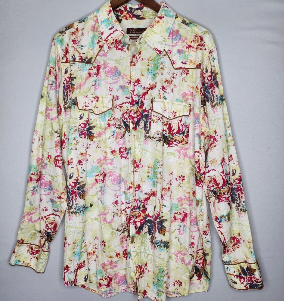 7 Diamonds Women's Western Floral Shirt Large Long Sleeve Button Up